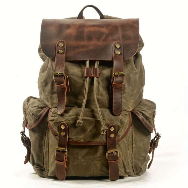 JINXIANGGUO Vintage Men S Leather Backpack Waxed Canvas Shoulder Bag Travel Casual Laptop Bag Suitable For Both And