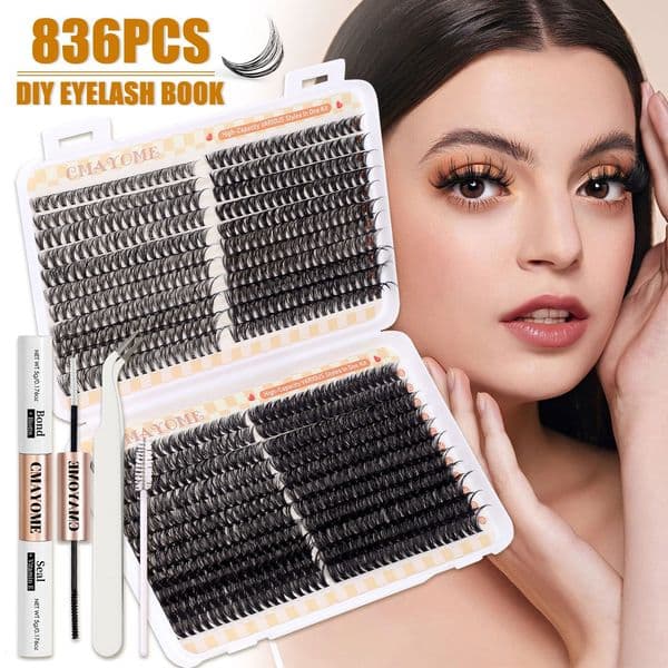 DIY Individual Eyelashes Fluffy Wispy 836 Clusters DIY Lashes Kit with Lash Bond & Seal Brush Handmade Reusable D Curled Eyelash Extensions for Women