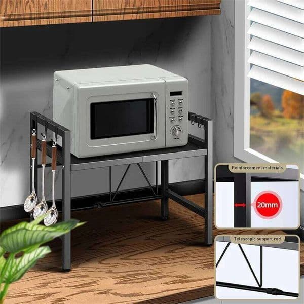 Adjustable Space-Saving Microwave Rack 100kg Capacity, Kitchen Shelf with & Storage Organizer Black 26Y0113