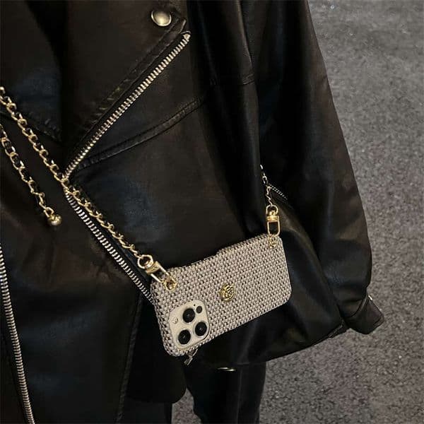 Chic Tweed iPhone Case with Camellia Emblem & Gold Ball Crossbody Chain, High-End Shockproof Cover Compatible with iPhone 15/14/13/12/11/XR