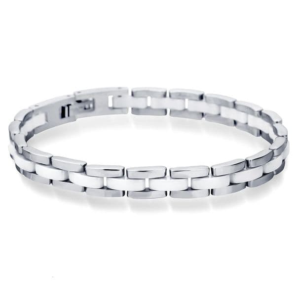 VQYSKO 20cm White Ceramic Bracelet Bangle Stainless Steel Chain Link Women And Men Jewelry 260112