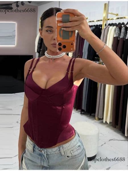 Women Solid Deep-v Satin Camisole Corset Top Elegant Double-strap Fitted Cropped Back-tie 2026 Chic Versatile Date Lady Tops