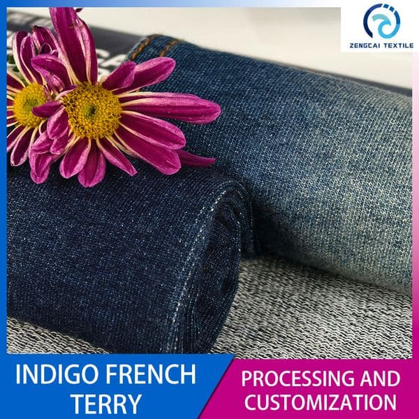 Indigo French Terry Fabric (74.5%C,25.5%P) - 245gsm Spring/Summer Knit Denim Material for Casual Apparel