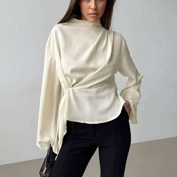 Chiffon Shirt Tops Women's Fashion Pleated Round Neck Long Sleeve Pullover Casual Office Lady Cardigan T-Shirt Blouses