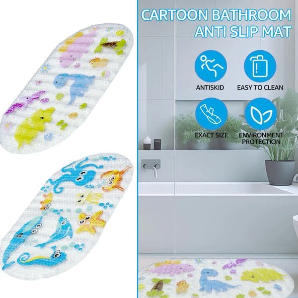 Kids Cartoon Non Slip Bathroom Mat PVC Baby Bath Mat with Suction Cup 69x39cm Oval Baby Bathroom Shower Mat for Household Bath 260107