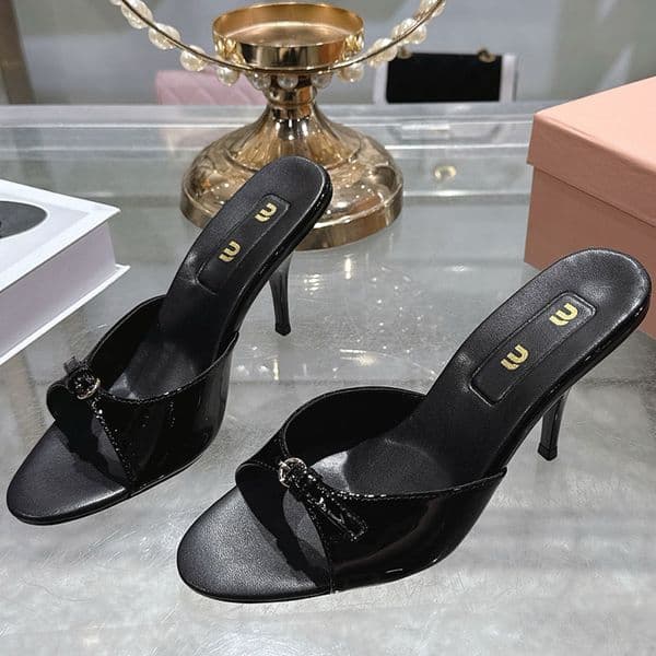Patent Leather Mules With Buckle Ladies Leather Mule 5XX665 Womens Cat Heel Sandals Varnished Heel Leathers Sole Size 35 41