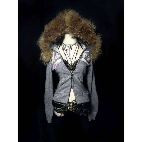 Autumn And Winter Women's Personalized Patch Fabric Double Zipper Design Large Hat Cardigan Sweatshirt Gothic Harajuku Y2k Top