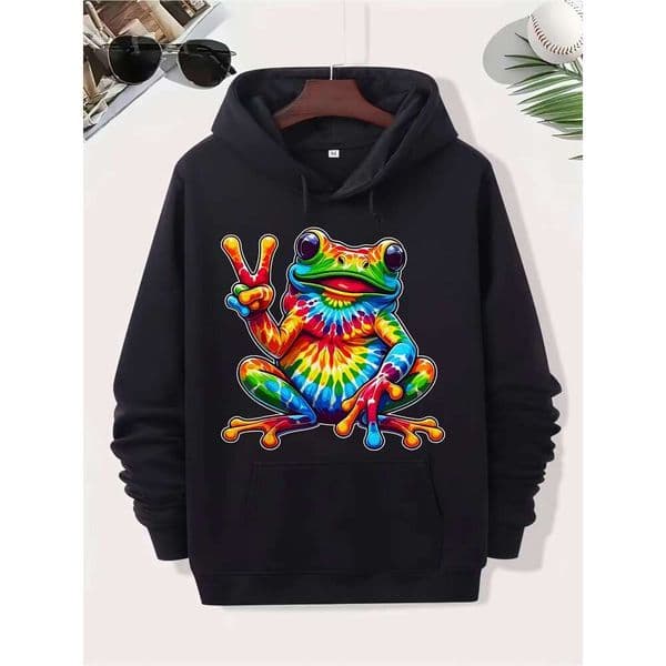 Men's Tie-Dye Frog Peace Sign Hippie Graphic Hoodie - Black Retro Streetwear Style, Comfortable Cotton Regular Fit Pullover With Pockets, Machine Washable