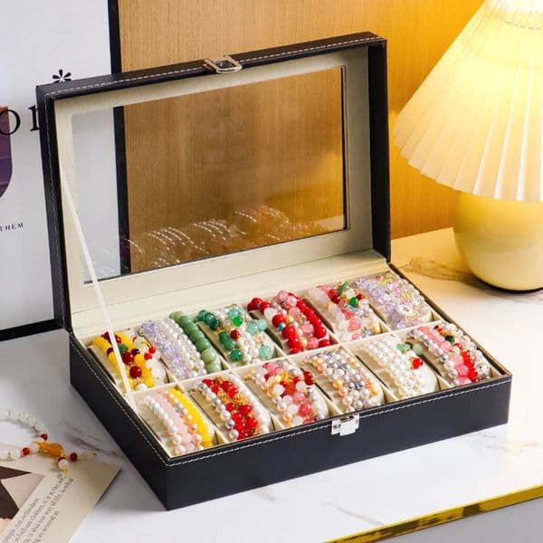 Crystal Bracelet Black Leather Storage Box DIY Bangle Jewelry with Cover Watch Display 260113BJ