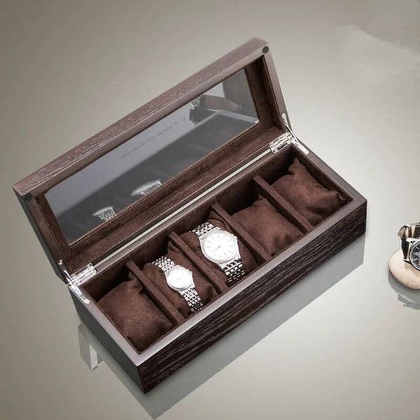 New 5 Slots Wood Organizer With Glass Window Brown Holder For Men Case Storage Box Fashion Watch Showcase ddmythur