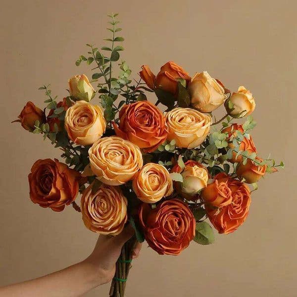 Valentine's Day Silk Artificial Caramel Flowers Rose Bouquet Home Decor 7 Heads Flores Artificiales Wedding Decorations Fake Orange 26Y0114