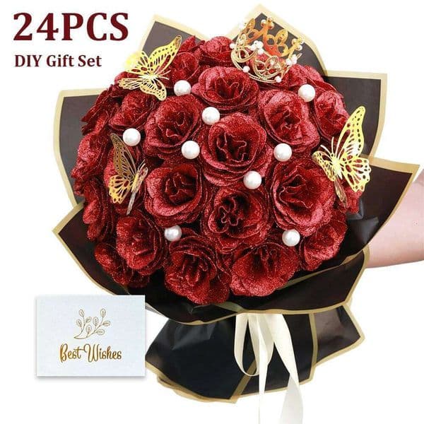 Valentine's Day Glitter Bouquet Shiny Artificial Roses Flowers with Stems DIY Fake Gift Flower for Anniversary Graduation Birthday W 26Y0114