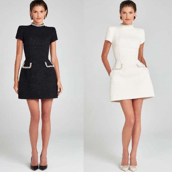 Spring and summer temperament slim fit slimming U-neck long sleeved round neck nail bead small fragrance style short skirt dress