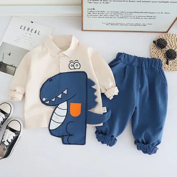 Spring Kids Clothes Kids Cotton Sport Patchwork Dinosaur Baby Shirt Jeans 2PcsSet Children Boys Casual Suit 1 2 3 4 5 Years 260113BJ