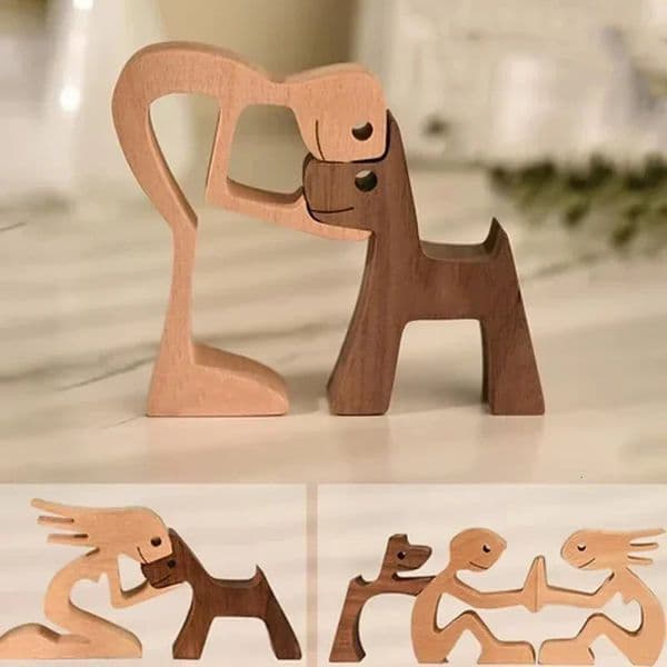 Creative Wooden Carving Human Dog Family Statue Home Room Decor Girl With Dog Wood Art Figurine Ornement Decor Gift for Your Cat 260106