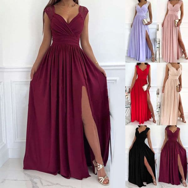 2026 new Womens Fashion Summer New V-neck Sexy Evening Slit Dress Solid Color Z260513