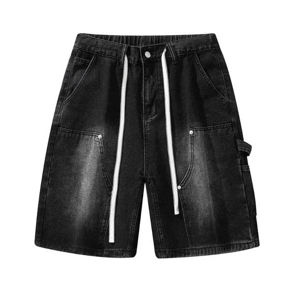 Fashion Streetwear Mens Denim Shorts Summer Loose Vintage Harajuku Splicing Hip-hop Cargo Moto Short Jeans Black Blue 260112
