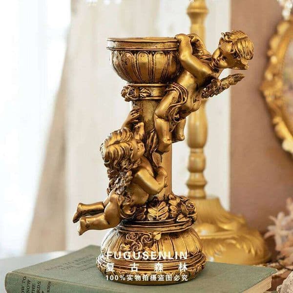 Valentine's Day Retro Forest European-style Golden Angel Roman Column Candlestick Sculpture Resin Ornaments for Home Decoration 26Y0114