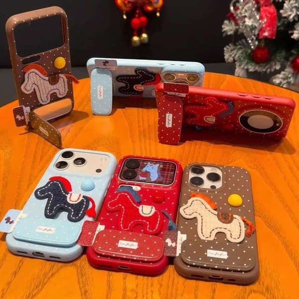 New Year Embroidered Knitted Pony iPhone Case with Stand, Autumn Winter Protective Cover Compatible with iPhone 17 Pro Max/Xiaomi 17/Huawei Mate 70