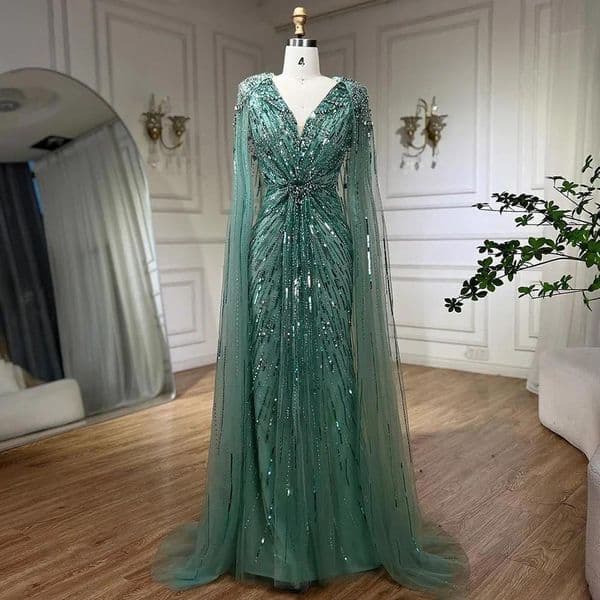 Luxurious Arabic Dubai Stylish Turquoise Mermaid Evening Dresses with Beaded Cape Sleeves Designed Women Formal Party Occasion Gowns BC21652