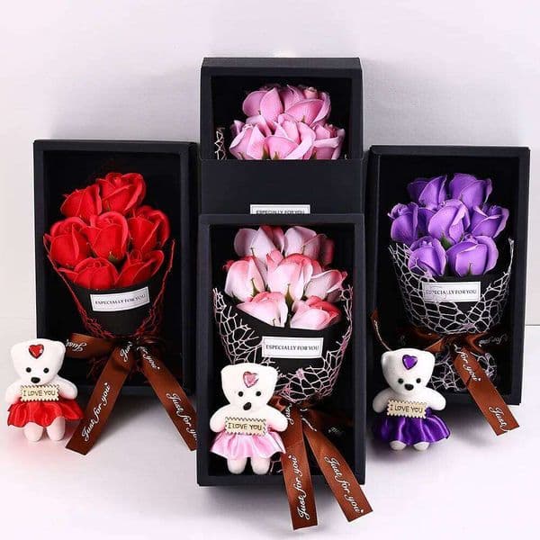 Valentine's Day 7 Heads Rose Artificial Little Bear Gift Box Valentine's Handmade False Flower Bouquet Mother's Day Birthday Party G 26Y0114