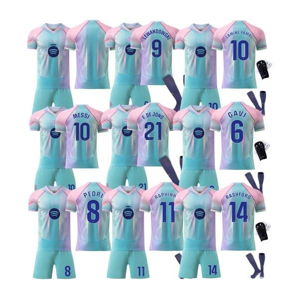 202526 Barcelona Special Edition Green Soccer Jersey Set 10 Lamine Yamal 9 Lewandowski 8 Pedri Quick Dry Breathable Football Uniform for Adults Kids