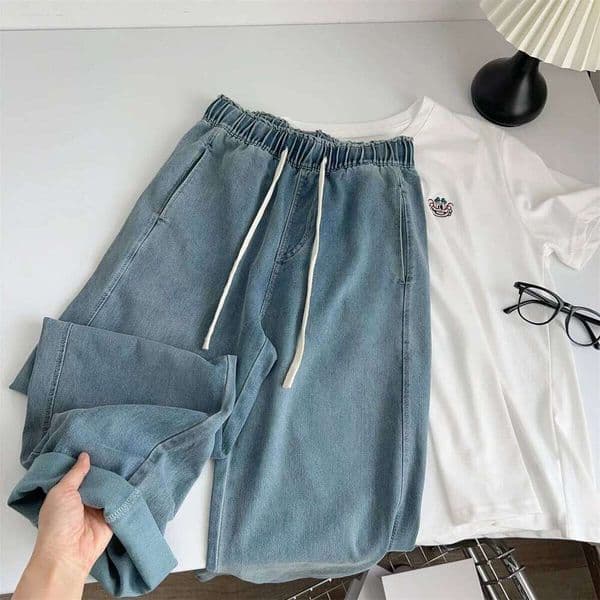 Silk Curved Washed Jeans Women's Summer High Waist Loose Wide Leg Denim Pant Mdng260114