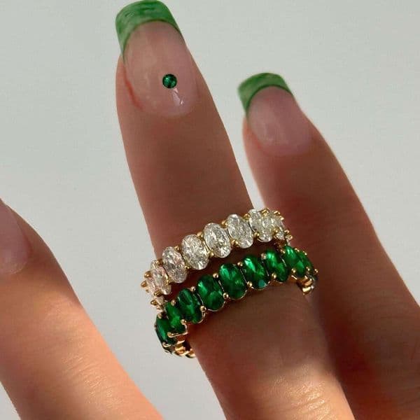 In Stock Wholesale Cross-Border INS 18k Real Gold Plated Titanium Steel Emerald Coral Full Diamond Zircon Ring