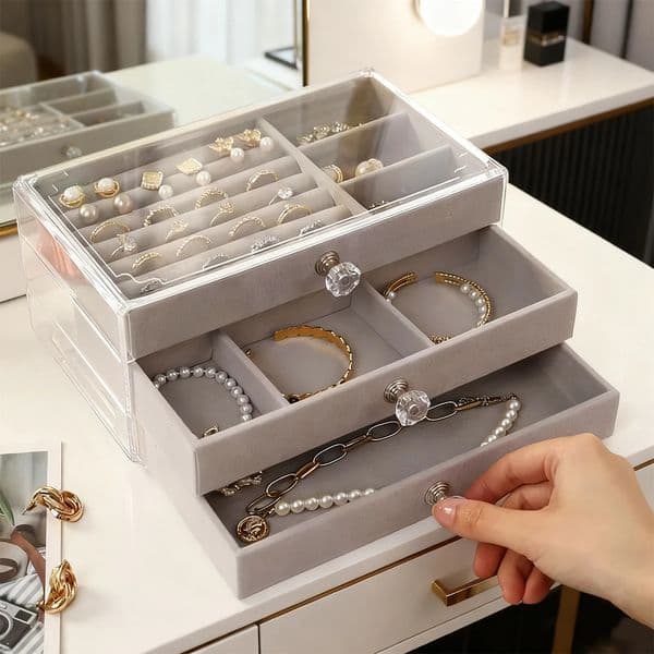 1pc can stack 3 layers of beigegray drawer style jewelry box earrings rings necklaces bracelets organizing 260113BJ
