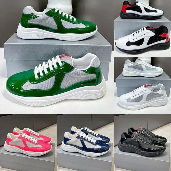 Men Americas Cup Leather Sneakers Patent Leather Women Flat Trainers Black Mesh Lace-up Casual Shoes Outdoor Runner Sport Shoes Size 36-48 Big Size