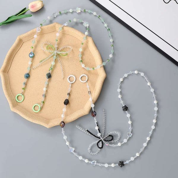 New Crystal Beaded Crossbody Three-Dimensional Double Layer Bowknot Mobile Phone Lanyard Bag Charm Accessories Replacement Chain for Women