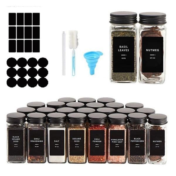 24 Pcs Spice Jars with Label Glass Black Metal Caps Shaker Lids Funnel 4oz Seasoning Containers Bottles 260113BJ