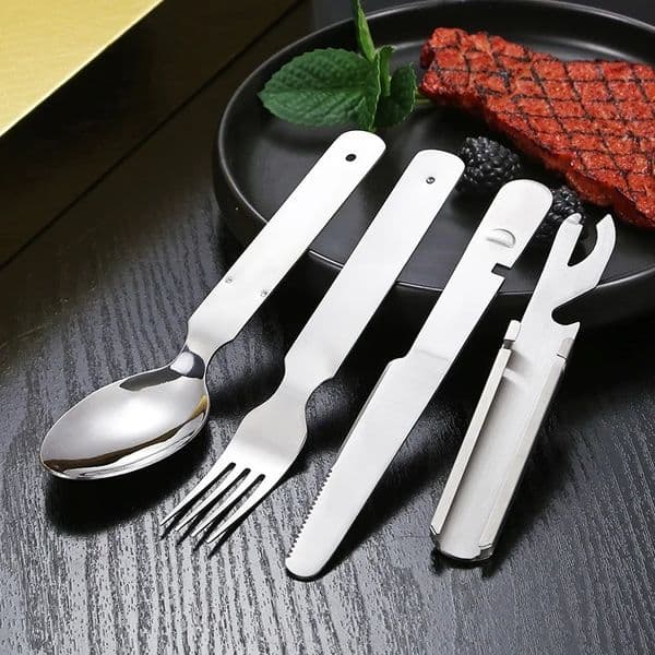 Stainless Steel Portable Outdoor Camping Multifunctional Combination Cutlery Knife and Fork Set Military Fan Spoon 260113