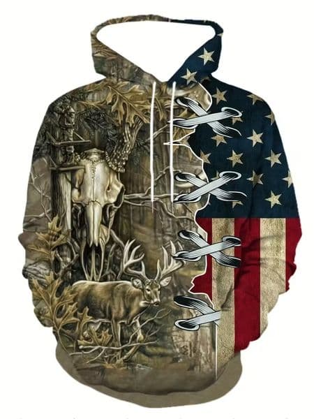 Men's 3D Printed Hunting & American Flag Hoodie - Lace-Up Design Casual Pullover Sweatshirt
