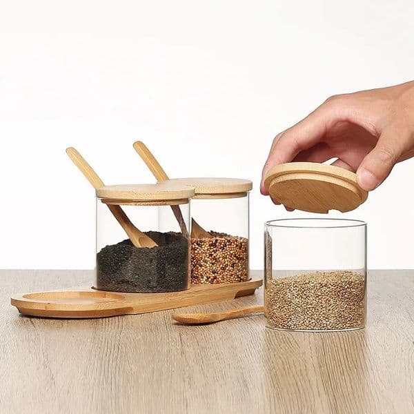 Kitchen Glass Condiment Jar Set Wood Lid with Tray Spoon Clear Seasoning Spice Salt DustProof Coffee Beans Organizer Bottle 260113