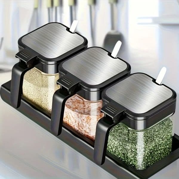 3pcs Glass Spice Jars with Spoon 10oz Jar Set Seasoning Organizer Storage Bottles for Rack 260113