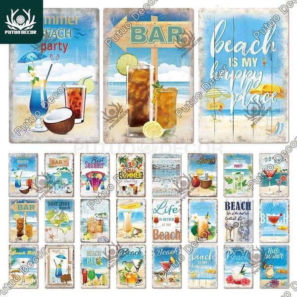 Putuo Decor Summer Beach Vintage Plaque Metal Cocktail Tin Sign Wall Art Decoration Bar Pub Seaside Room House Iron Painting 26W0115