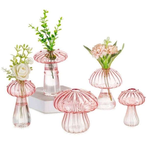 Valentine's Day 5Pcs Mushroom Flower Cute Colored Glass Unique Bud Small Vase Flowers, Aesthetic Decorative Vases for Home Decor 26Y 26Y0115