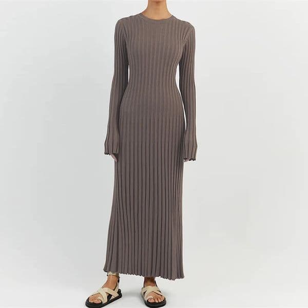 90s Vintage Tie Waist Dress Women Elegant Ribbed Knit Full Sleeve Maxi Dress Crew Neck Bodycon Pencil Long Dress Streetwear 260114