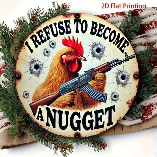 Vintage Iron Sheet Painting,Vintage Chicken Wall Sign, Humorous "I Refuse to Become a Nugget" Rustic Design 26W0115