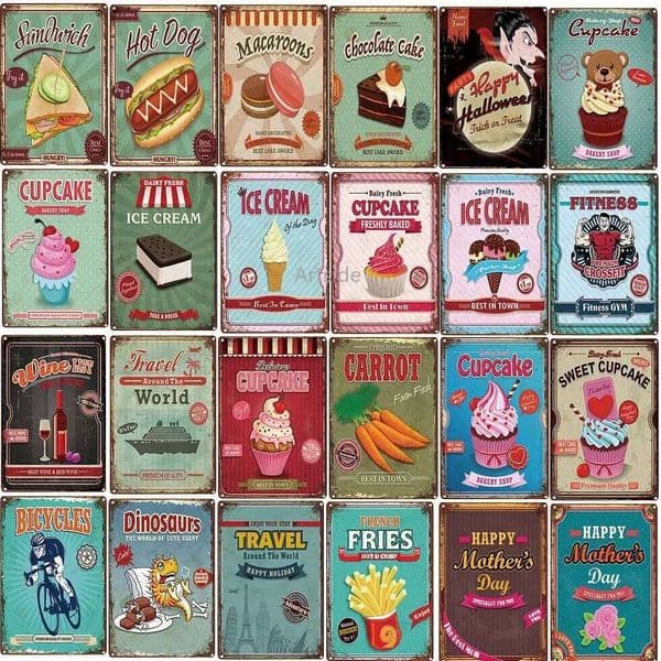 Cupcake Hot Dog Ice Cream Burger Signs Metal Plate Iron Paintings Kitchen Dessert Shop Retro Shabby Wall Decor Tin Plaques 26W0115