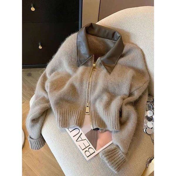 Patchwork Zipper Cropped Cardigan Women 400G Thick Autumn Knitted Sweater Bomber Jacket Vintage 2000S Short Fitted Knitwear Coat LEEGO LENS