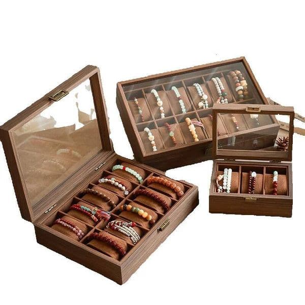 High-End Exquisite Walnut Wood Grain Buddhist Beads Crystal Bracelet Watch Bangle Jewelry Storage Box