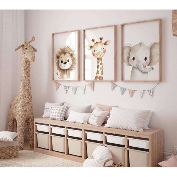 3pcs/set Watercolor Lion Giraffe and Elephant Canvas Poster Safari Animal Nursery Wall Art Prints for Modern Bedroom Home Decor 26L0115