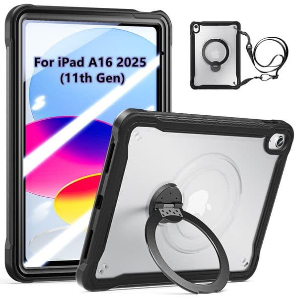 Wholesale Clear Tablet Cases for iPad A16 2025 Pro 11 for iPad 10th Generation with 9H Clear Tempered Glass Rugged 360 Rotation Hand Holder Tablet Cover with Strap