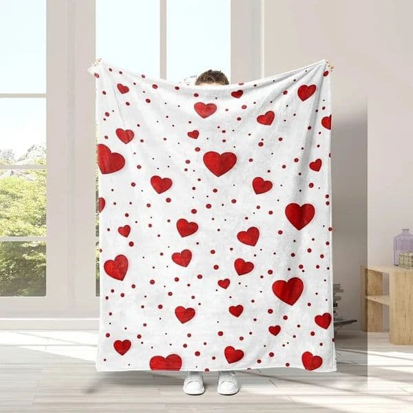 Cozy Love Heart Digital Print Flannel Throw Blanket - Ultra-Soft Reversible for Couch Bed Officeor Portable Valentines Day 260114