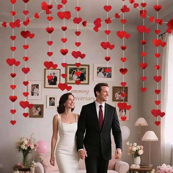 Valentine's Day 1PC 4M Wedding Red Heart Garland, Love Streamer Glitter Paper Banner Anniversary Birthdays Parties Home Hanging Deco 26W0115