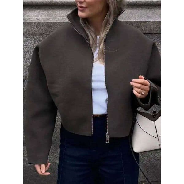 Women Casual Solid Knitted Short Cardigan Lapel Full Sleeve Zipper Loose Cropped Coats Lady Daily Commute Fashion Outerwear Mdng260115