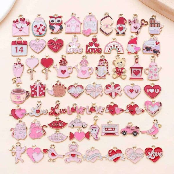 Valentine's Day 60pcs New Charms Pink Valentine's Day Love Cat flowers Enamel Pendants for Sweet Earrings Bracelets DIY Jewelry Maki 26W0115