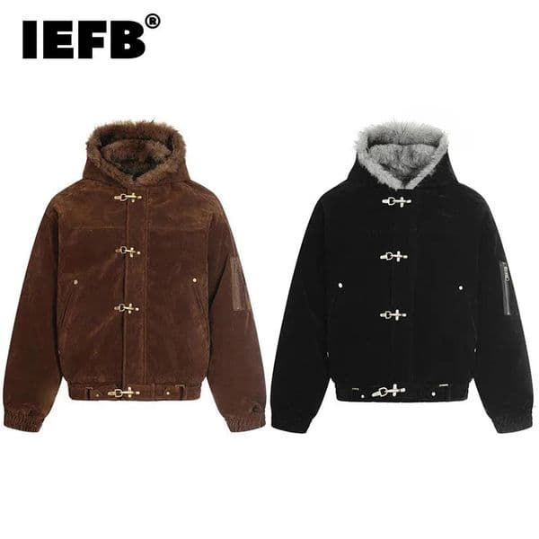 IEFB American Style Padded Jackets Single Breasted Hooded Faux Fur Patchwork Zipper Tops Metal Buckle Male Coats Winter 9X1724 260114